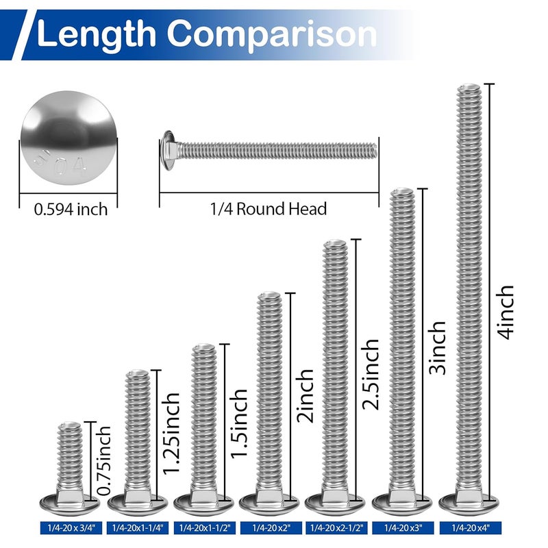 MroMax 1/4-20 x 3 Carriage Bolt Kit, 14 Sets Carriage Screws with Hex Nuts and Flat Washers, Stainless Steel 18-8(304) Round Head Square Neck Screw, Fully Threaded, Coarse - Image 5